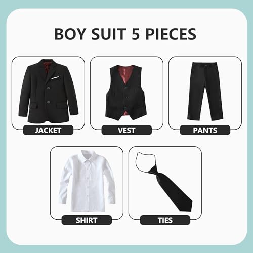Hipfun Boys' Formal Suit Set for Special Occasions with Suit Jacket, Vest, Pants, Collared Dress Shirt, and Tie
| Hipfu