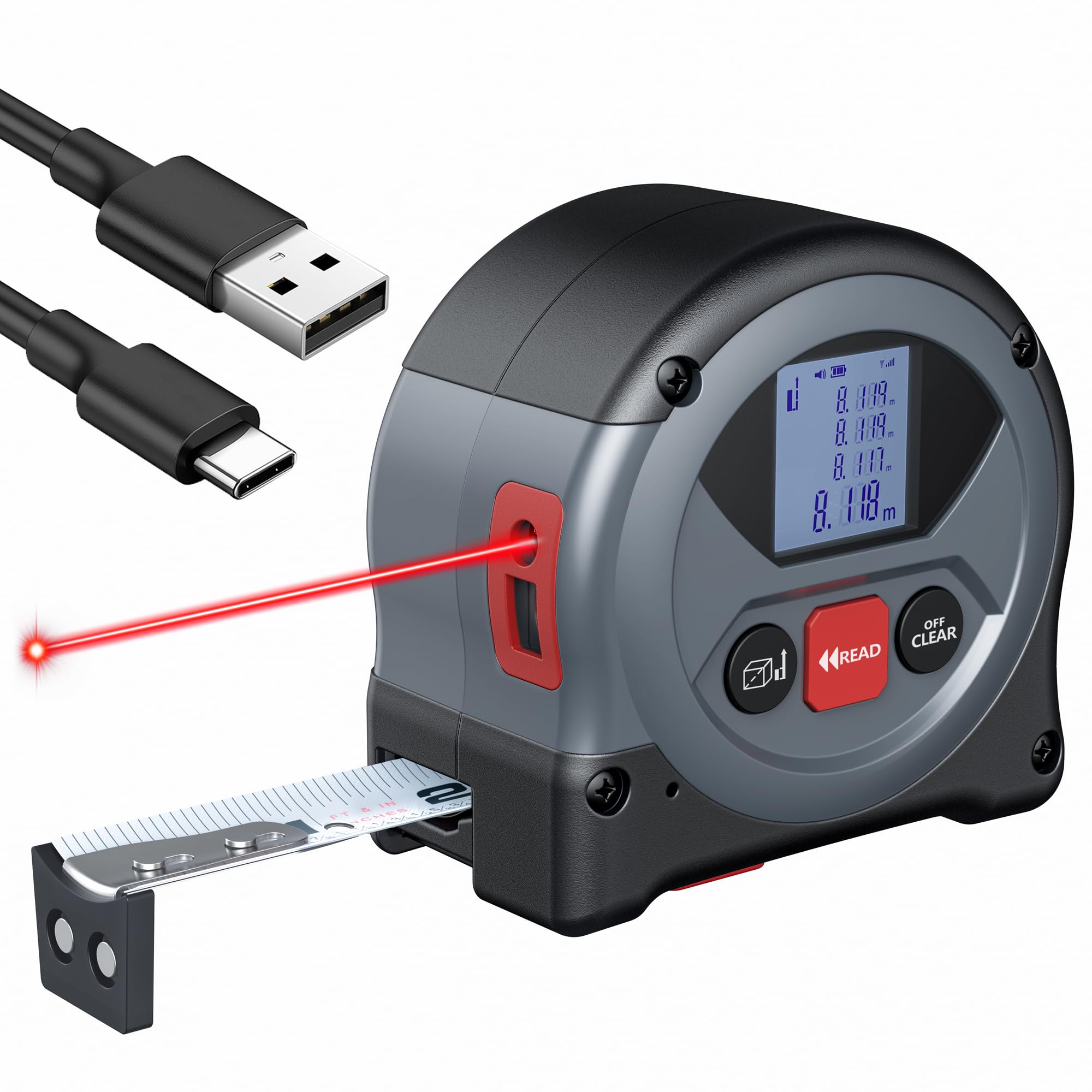 Rechargeable Laser Tape Measure 2-in-1 for DIY and Construction
| 165 Ft Laser Measure with Movable Magnetic Hook for B