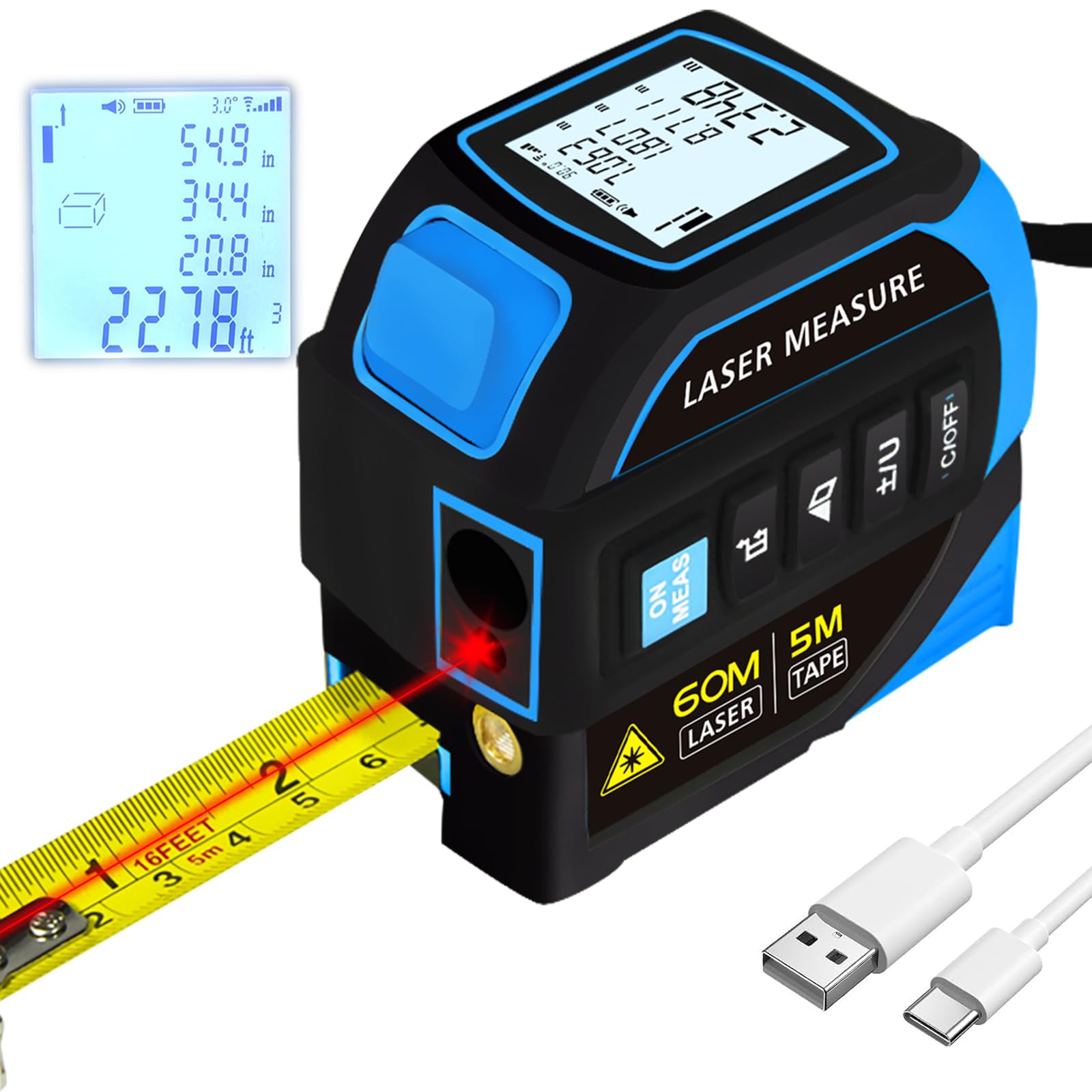 4 in 1 Laser Tape Measure for Professionals, 197FT Digital Laser Distance Meter with Crosshairs/Biaxial Electronic Angle